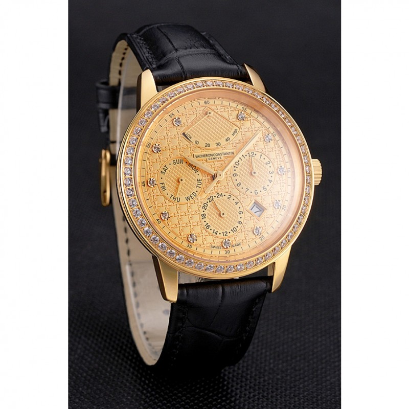 Swiss Vacheron Constantin Traditionnelle Power Reserve Gold Dial And Case Diamond Bezel Black Leather Strap-2