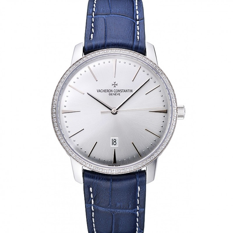 High End Replica Watches Swiss Vacheron Constantin Patrimony Silver Dial Silver Diamonds Case Blue Leather Bracelet 1454161-0