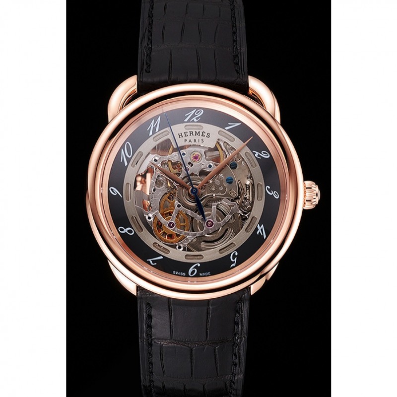 Swiss Hermes Arceau Skeleton Black Dial Brown Hands Rose Gold Case Black Leather Strap-1