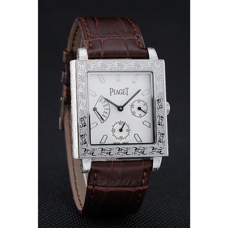 Piaget Emperador Limited Edition White Dial Engraved Silver Case Brown Leather Bracelet 1454138-2