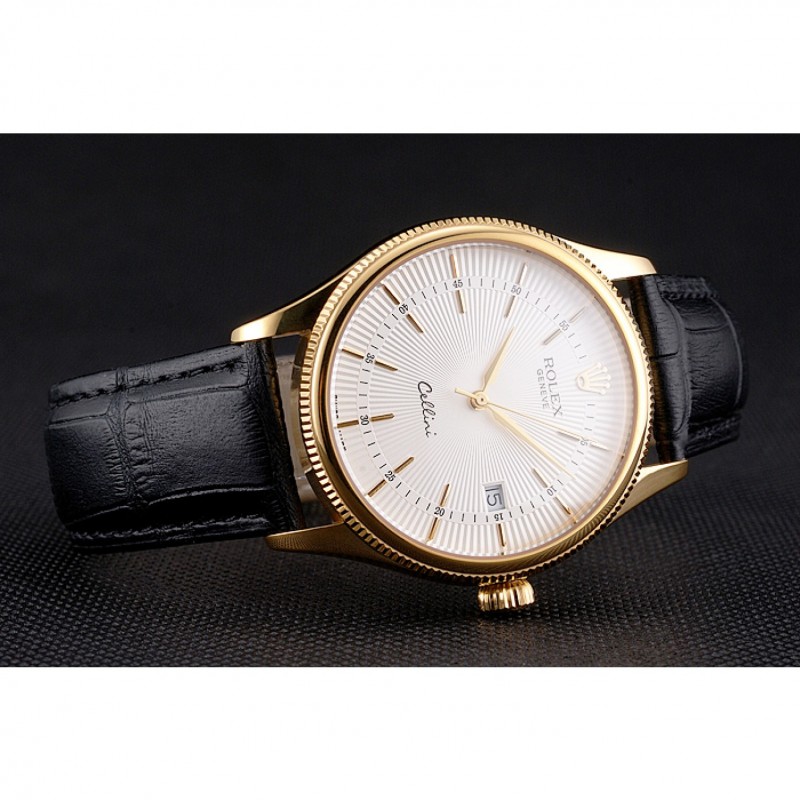 Swiss Rolex Cellini Date White Dial Gold Case Black Leather Strap-4