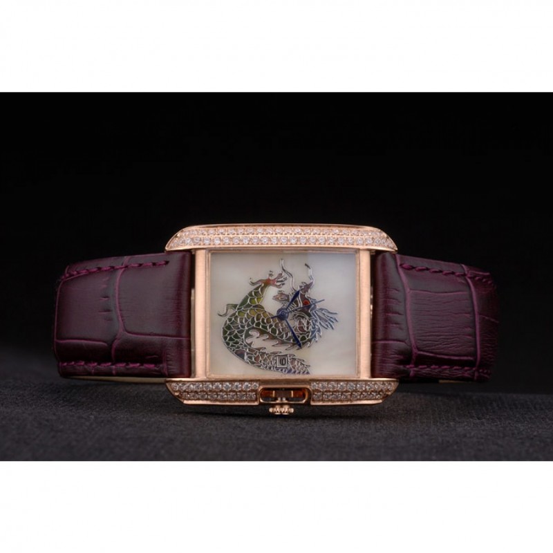 Cartier Tank Anglaise White Dragon Dial Diamonds Gold Case Purple Leather Bracelet-3