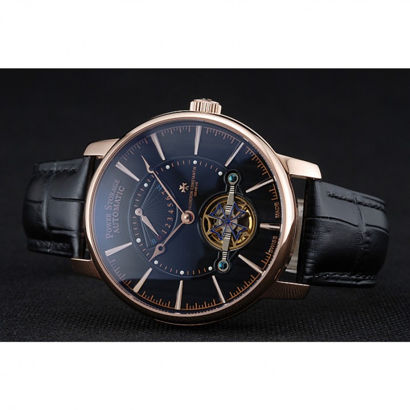 High End Replica Watches Vacheron Constantin Tourbillion Power Reserve Black Dial Gold Case Black Leather Bracelet 1454271-3