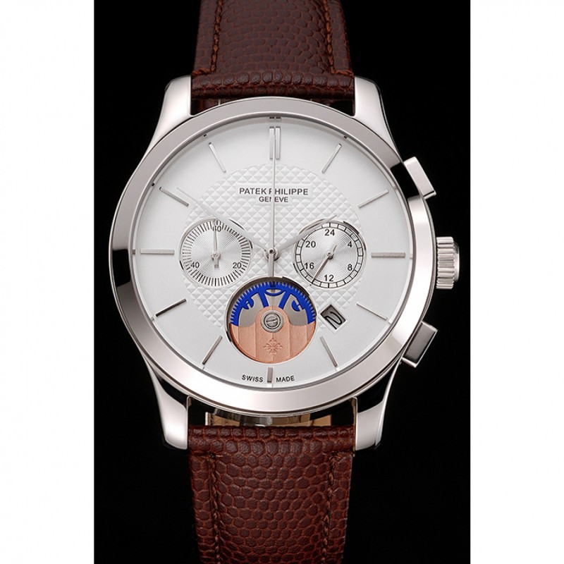 Patek Philippe Chronograph White Dial Stainless Steel Case Brown Leather Strap-1