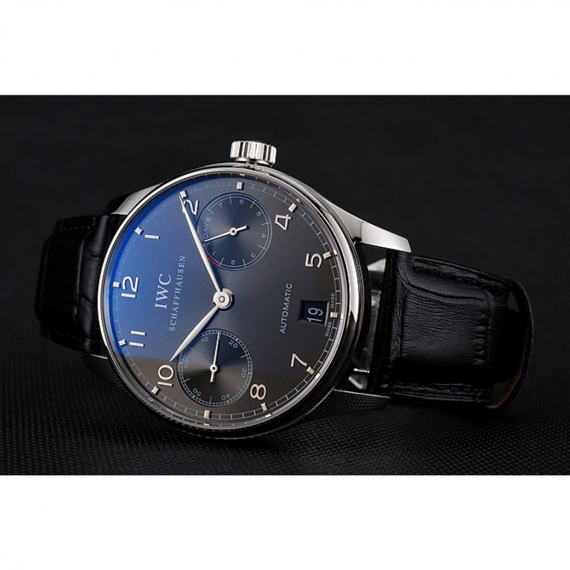 Swiss IWC Portuguese Black Dial Black Subdials Silver Case Black Leather Bracelet 1453906-3
