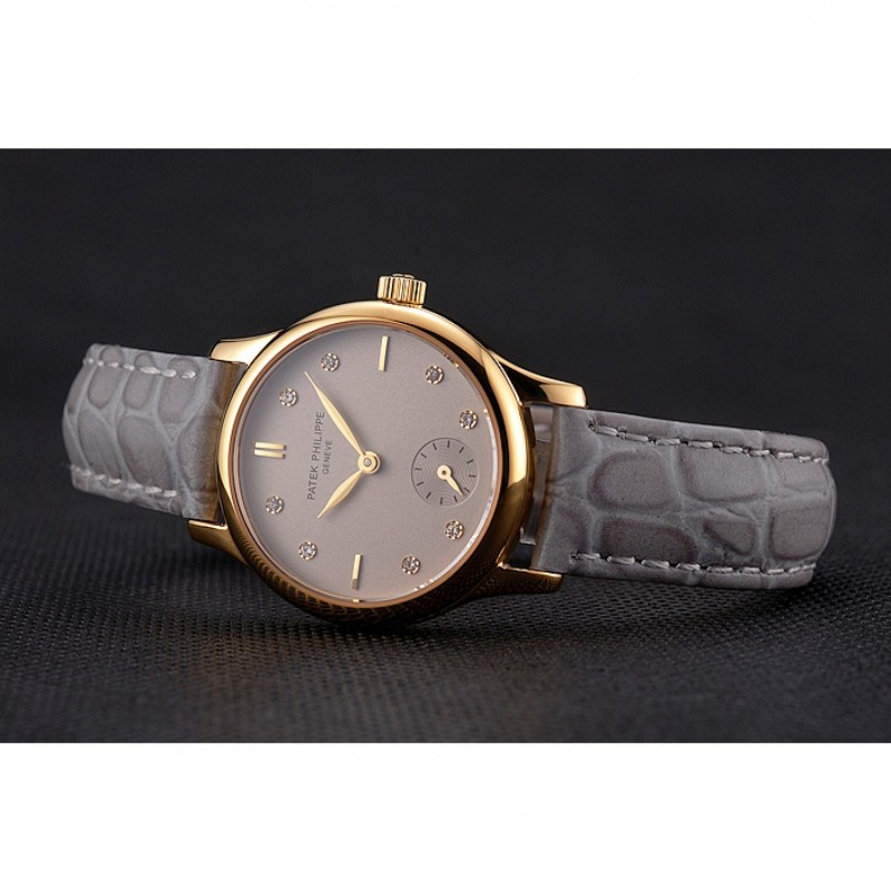 Patek Philippe Calatrava Gray Dial Diamond Markings Gold Case Gray Leather Strap-4