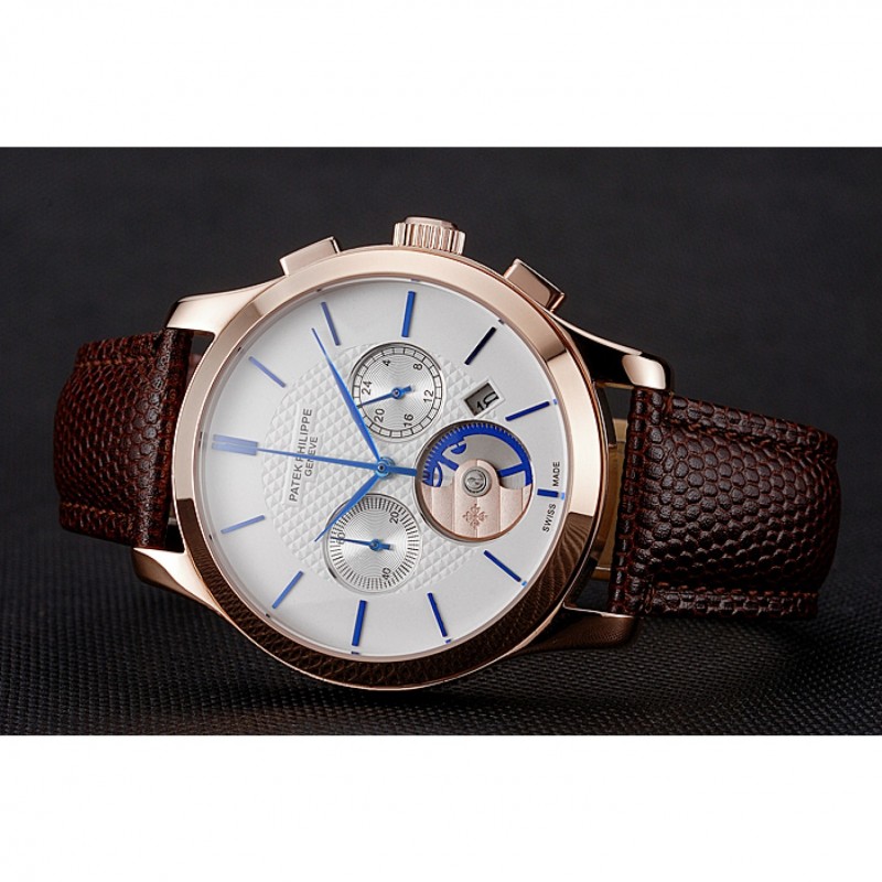 Patek Philippe Chronograph White Dial Rose Gold Case Brown Leather Strap-4