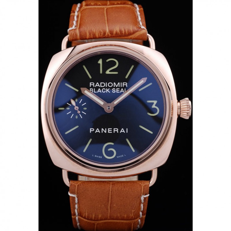 AAA Replica Watches Panerai Radiomir Black Seal Black Dial Rose Gold Case Brown Leather Bracelet-1