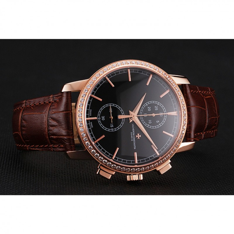 AAA Replica Watches Swiss Vacheron Constantin Patrimony Traditionnelle Chronograph Black Dial Diamond Bezel Rose Gold Case Brown Leather Strap 1453765-3