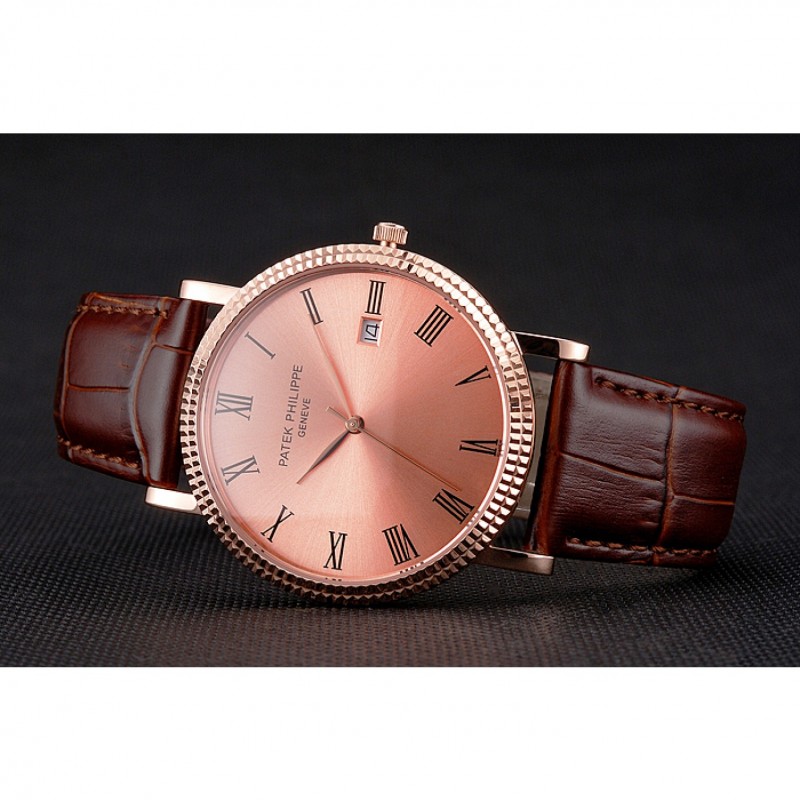 Patek Philippe Calatrava Rose Gold Dial Roman Numerals Ribbed Bezel Rose Gold Case Brown Leather Strap-3