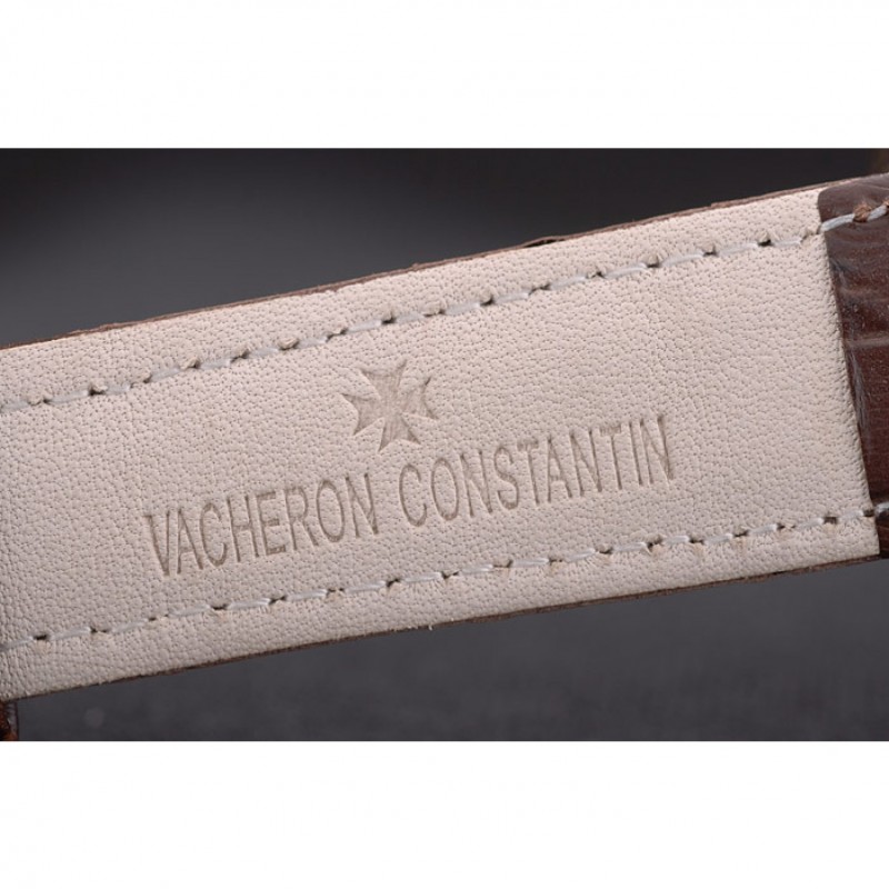 Swiss Vacheron Constantin Traditionnelle White Dial Rose Gold Case Brown Leather Bracelet-7