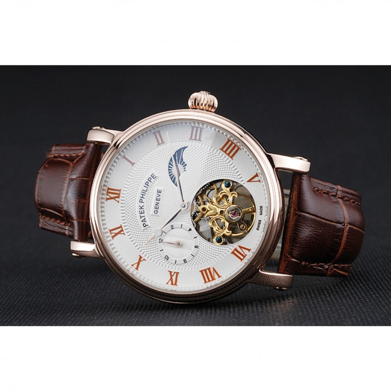 Patek Philippe Complications Moonphase Tourbillon White Dial Rose Gold Case Brown Leather Strap-4