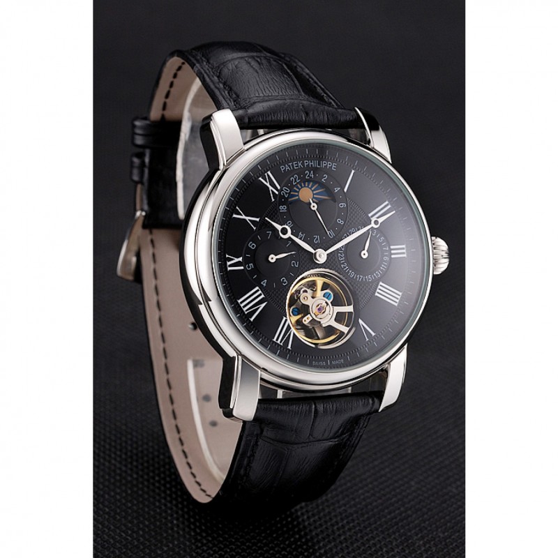 Patek Philippe Grand Complications Moonphase Perpetual Calendar Tourbillon Black Dial Stainless Steel Case Black Leather Strap-2