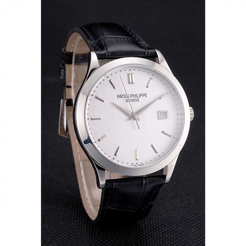 Swiss Patek Philippe Calatrava Silver Dial Stainless Steel Case Black Leather Strap-2