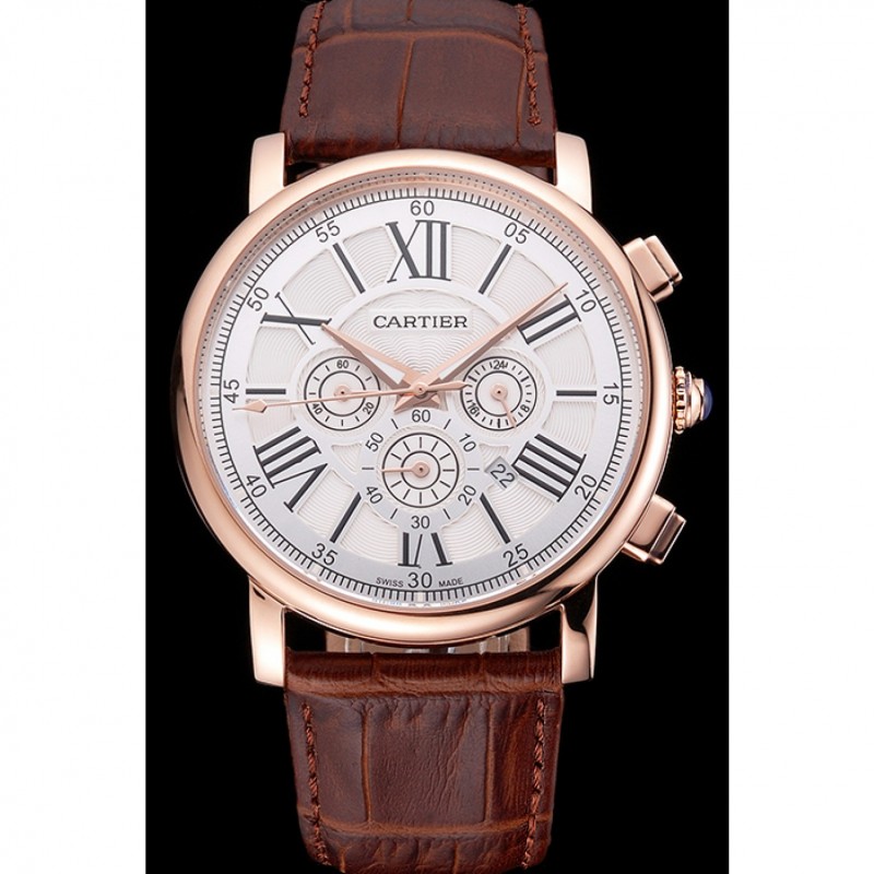 Cartier Rotonde Chronograph White Dial Rose Gold Case Brown Leather Strap-1