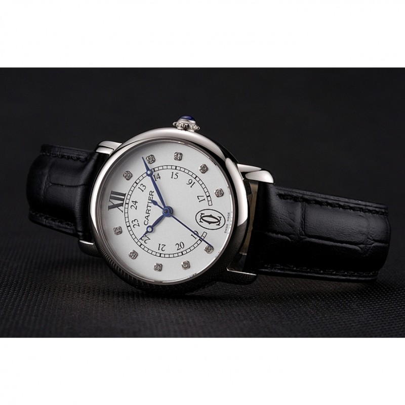 Cartier Ronde White Dial Diamond Hour Marks Stainless Steel Case Black Leather Strap-4