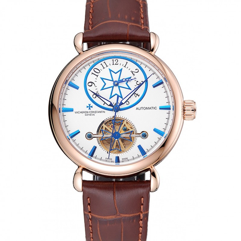 Vacheron Constantin Traditionnelle Tourbillon White Dial Blue Hourmarks Gold Case Brown Leather Bracelet 1454059-0