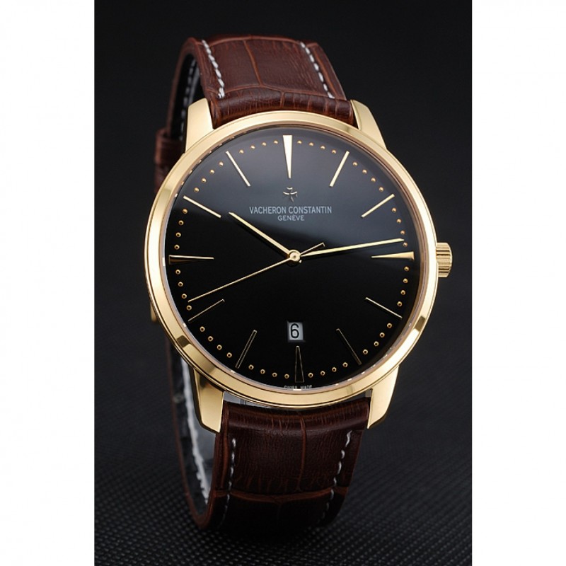 SS Replica Watches Swiss Vacheron Constantin Patrimony Black Dial Gold Case Brown Leather Bracelet 1454179-2