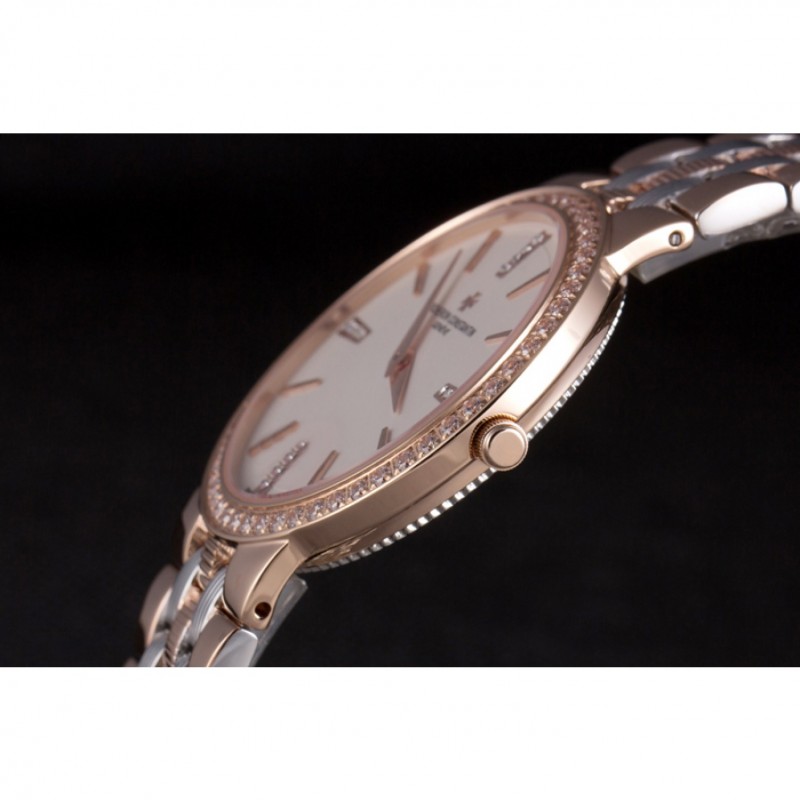 Cheap Vacheron Constantin Patrimony Traditionnelle White Dial Rose Gold Diamond Case Two Tone Bracelet-5