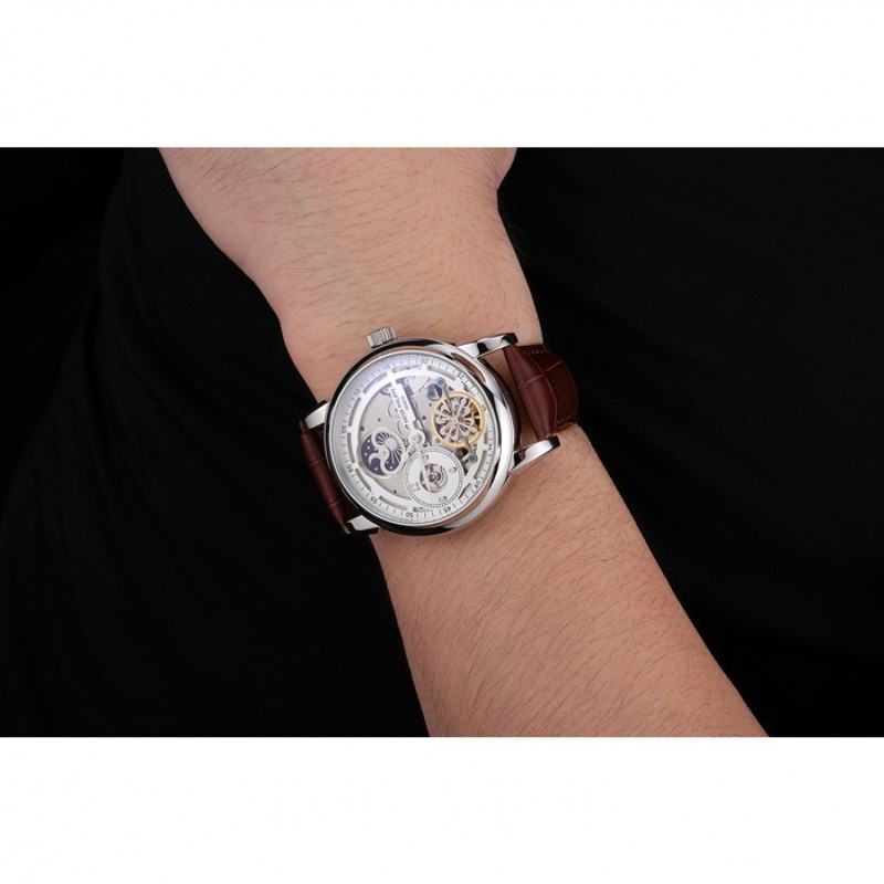 Patek Philippe Dual Time Moonphase Tourbillon White Skeletonised Dial Stainless Steel Case Brown Leather Strap-6