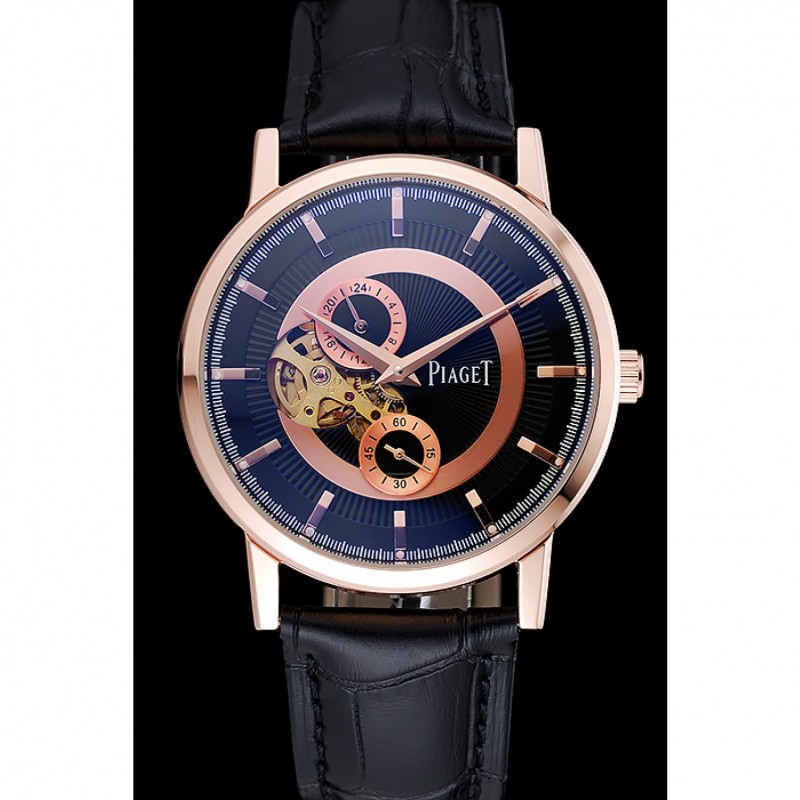 High Quality Replica Watches Piaget Altiplano Chronograph Black Dial Gold Case Black Leather Bracelet 1454047-1