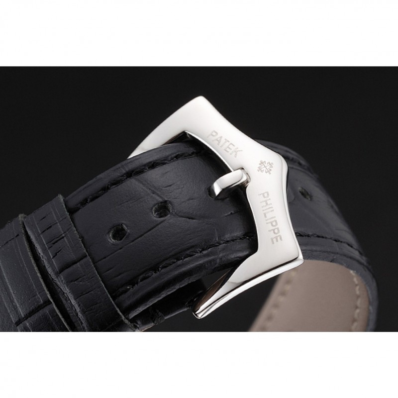 Patek Philippe Chronograph White Dial Blue Markings Stainless Steel Case Black Leather Strap-5