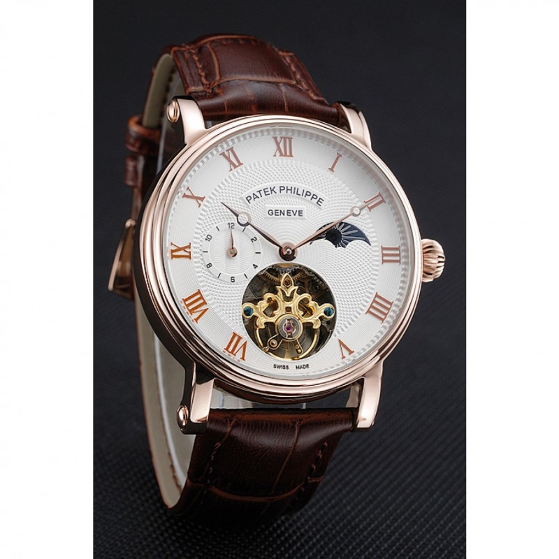 Patek Philippe Complications Moonphase Tourbillon White Dial Rose Gold Case Brown Leather Strap-2