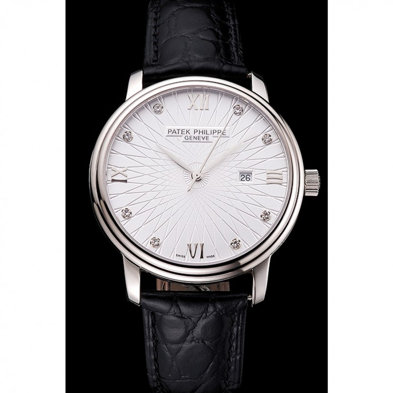 High End Patek Philippe Calatrava Date White Embossed Dial Stainless Steel Case Black Leather Strap-1