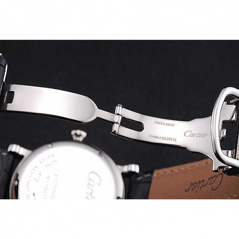 SS Cartier Ronde Second Time Zone White Dial Stainless Steel Case With Diamonds Black Leather Strap 622804-6