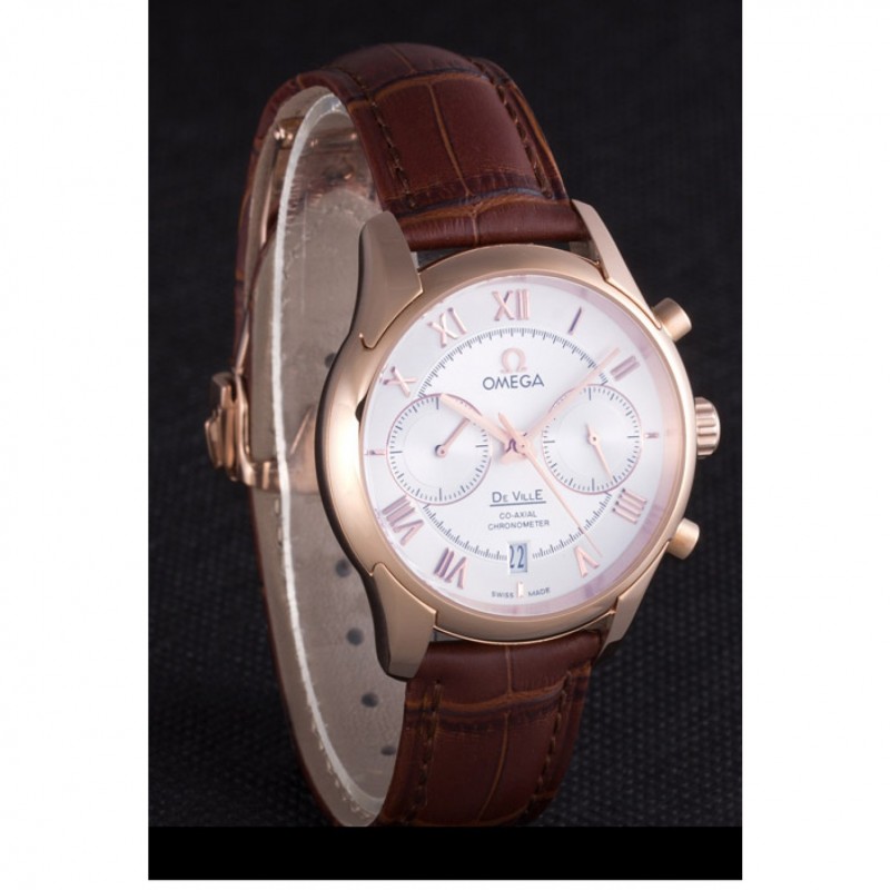 High Quality Replica Watches Omega DeVille Rose Gold Bezel with White Dial and Brown Leather Strap 621570-2