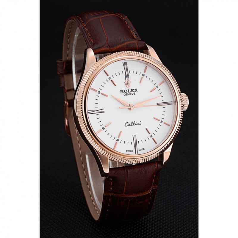 Swiss Rolex Cellini Time Gold Case White Dial Brown Leather Bracelet 622655-2