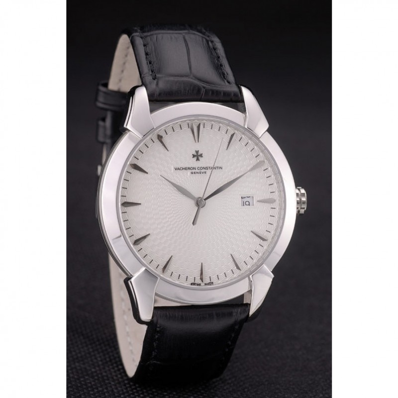 Swiss Vacheron Constantin Traditionnelle White Dial Stainless Steel Case Black Leather Bracelet-2