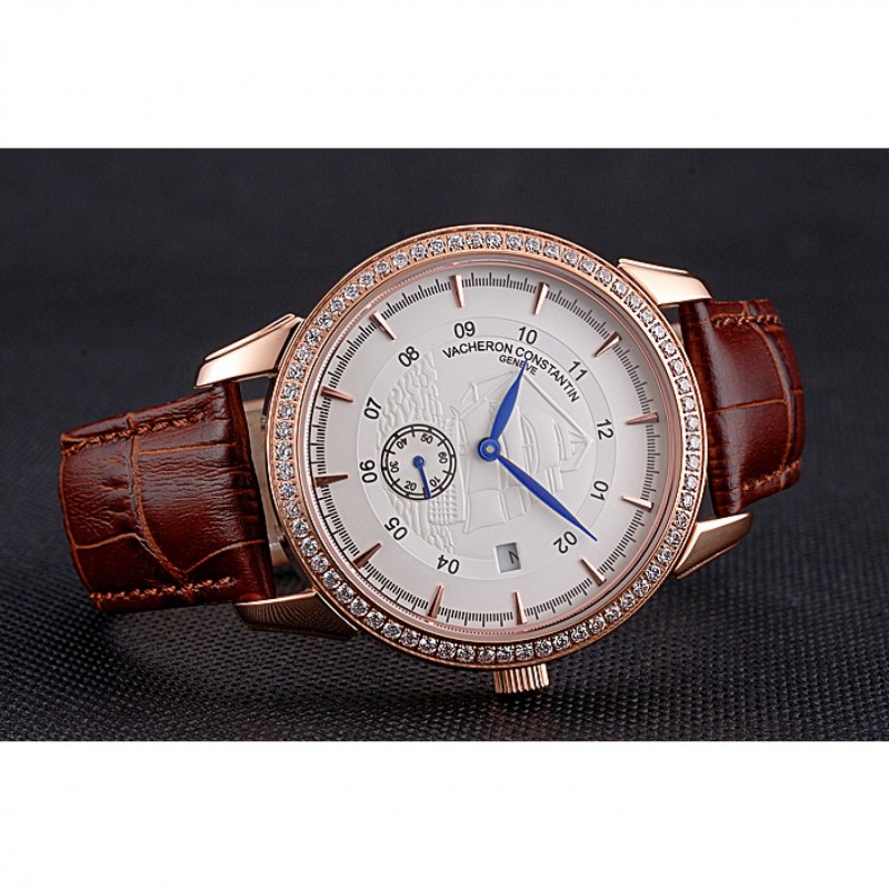 Luxury Vacheron Constantin Traditionnelle White Ship Dial Rose Gold Case With Diamonds Brown Leather Strap-4