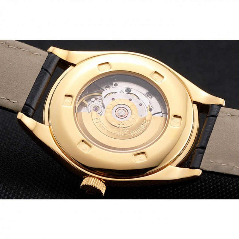 Swiss Patek Philippe Calatrava Gold Dial Diamond Markings Gold Case Black Leather Strap-7