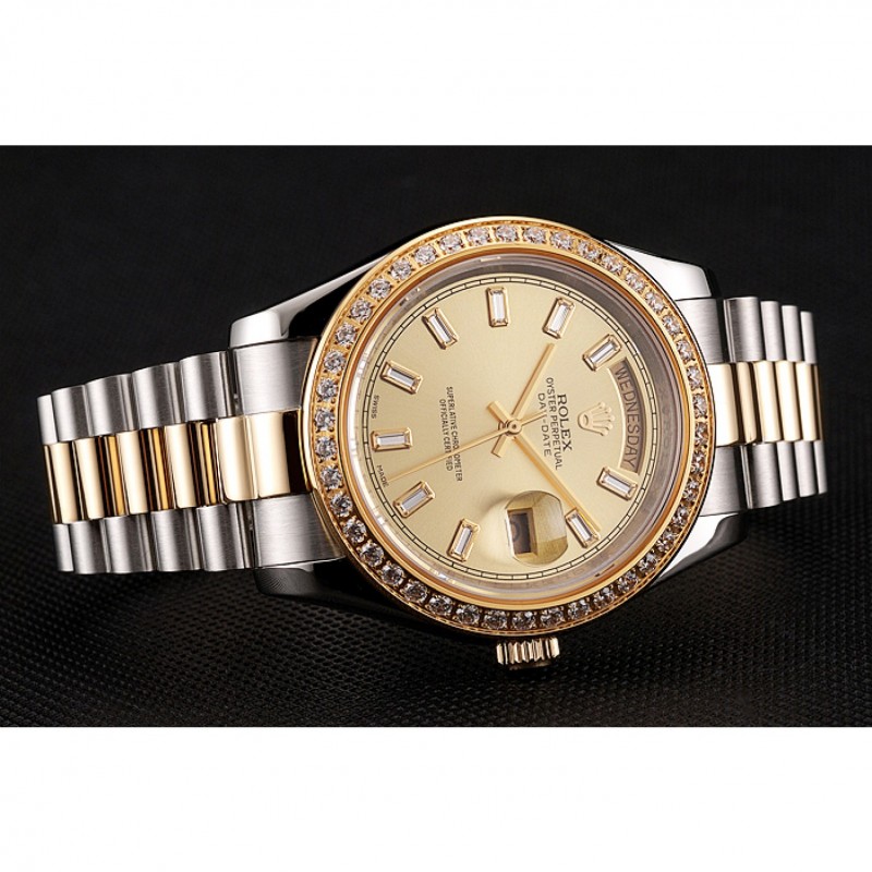 SS Replica Watches Swiss Rolex Day-Date Champagne Dial Diamond Bezel Two Tone Bracelet 1454103-3