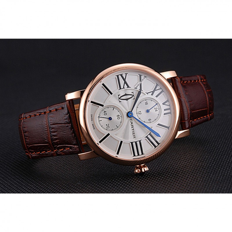 SS Cartier Ronde Second Time Zone White Dial Gold Case Brown Leather Strap 622801-3