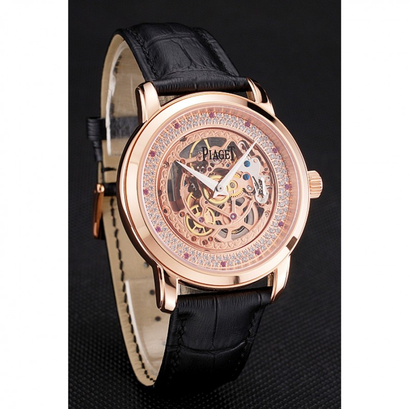 SS Replica Watches Swiss Piaget Altiplano Rose Gold Skeleton Dial With Diamonds Rose Gold Case Black Leather Strap-2