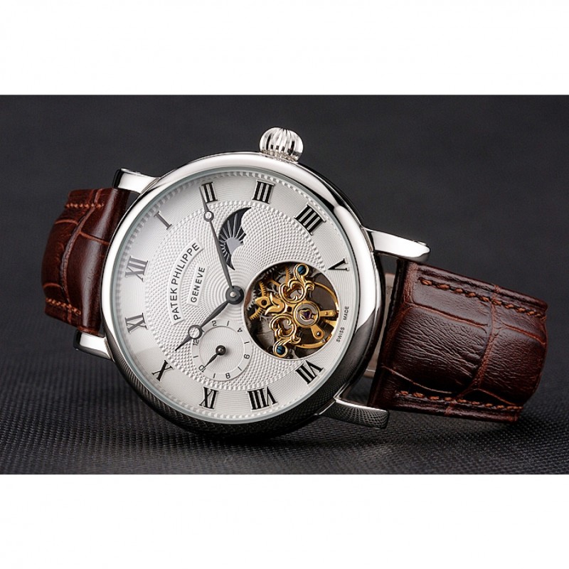 Patek Philippe Complications Moonphase Tourbillon White Dial Stainless Steel Case Brown Leather Strap-4