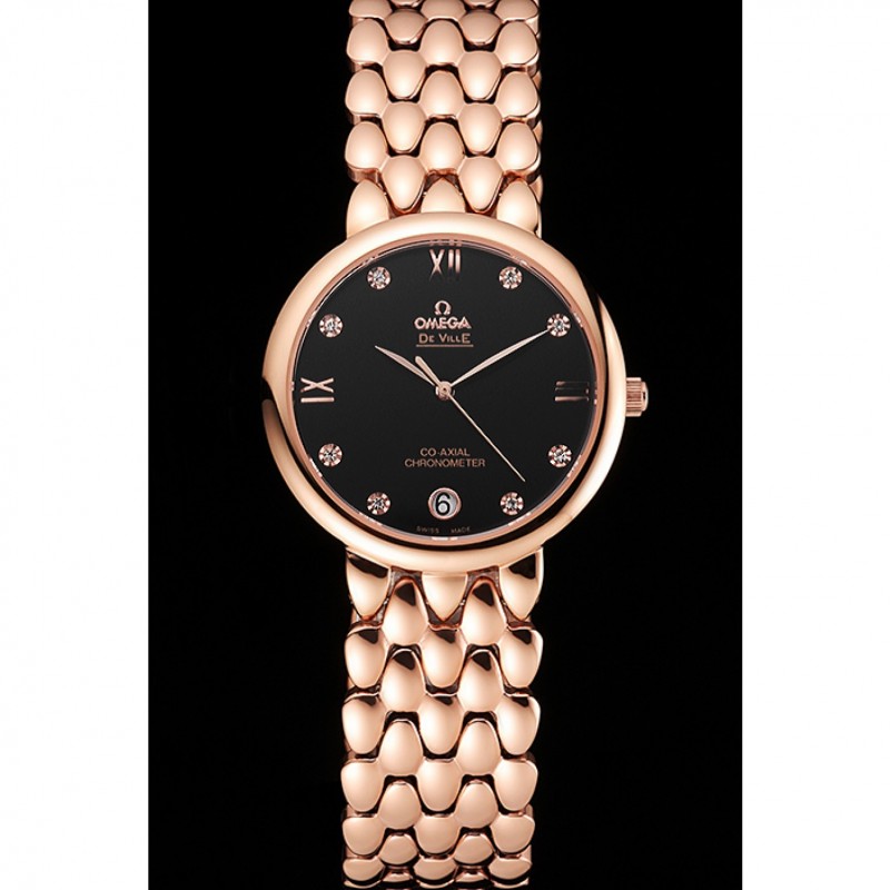 High Quality Omega De Ville Prestige Black Dial With Diamonds Rose Gold Case And Bracelet-1