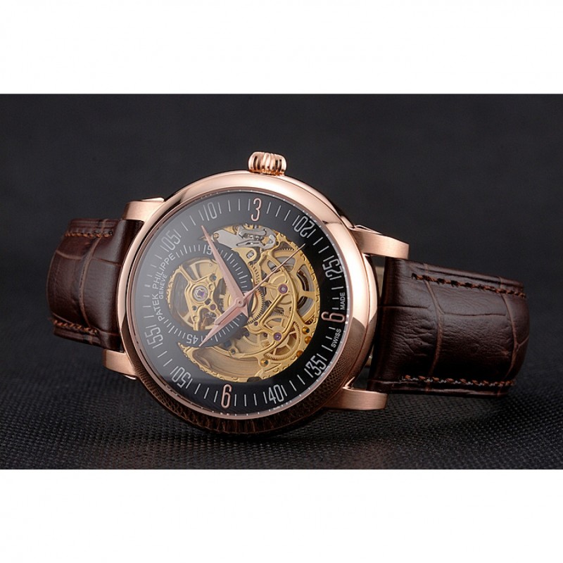 Swiss Patek Philippe Complications Openworked Dial Rose Gold Case Brown Leather Strap-4