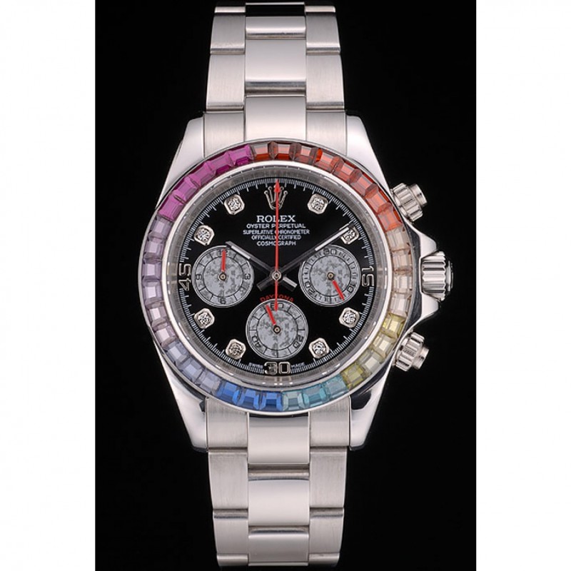 Rolex Daytona Cosmograph Rainbow Crystals Bezel Stainless Steep Strap Black Dial 80250-1