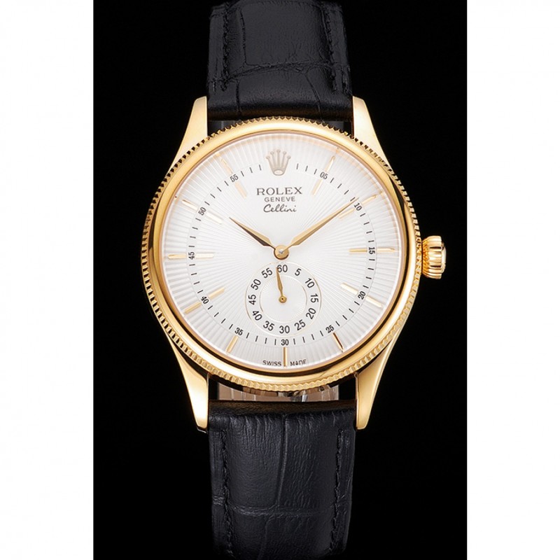 High End Swiss Rolex Cellini White Dial Gold Case Black Leather Strap-1