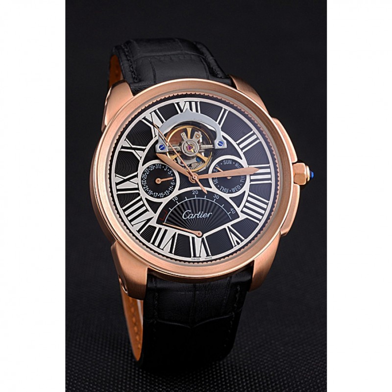 Cartier Calibre Tourbillon Black Dial Gold Case Black Leather Strap 622754-2