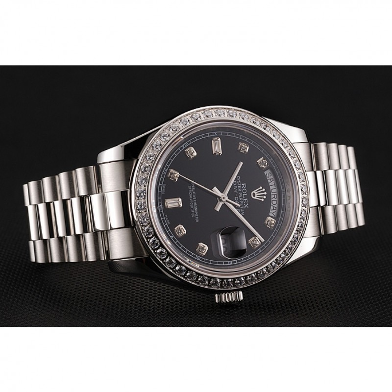 Swiss Rolex Day-Date Black Dial Diamond Case Diamond Numerals Stainless Steel Bracelet 1453966-3