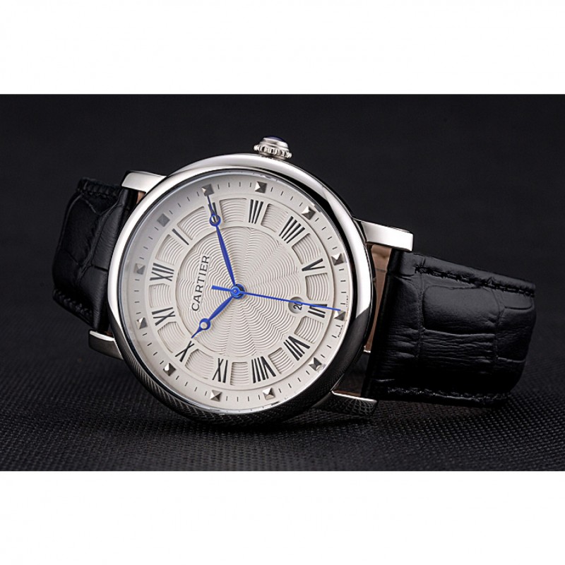 Cartier Rotonde Date White Dial Stainless Steel Case Black Leather Strap-3