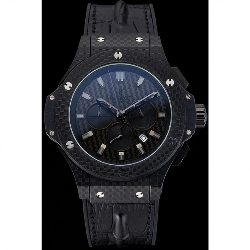 Luxury Hublot Big Bang Carbon Dial Carbon Case And Bezel Black Leather Strap 622773-1