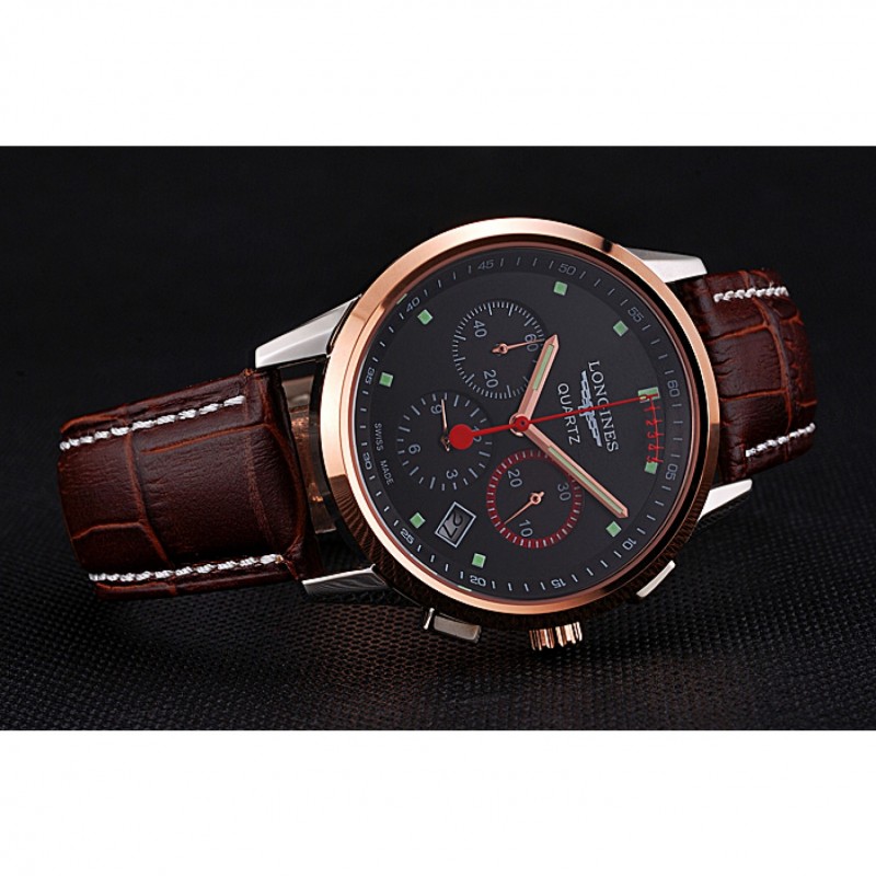High End Longines Column Wheel Black Dial Two Tone Case Brown Leather Strap-4