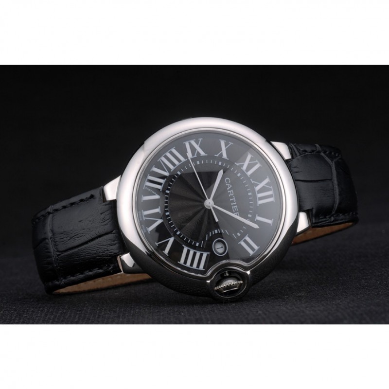 SS Cartier Ballon Bleu 42mm Black Dial Stainless Steel Case Black Leather Bracelet-3