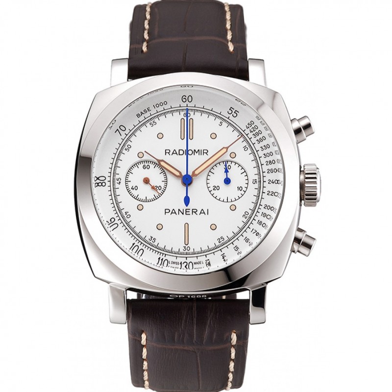 Swiss Panerai Radiomir 1940 Chronograph White Dial Stainless Steel Case Brown Leather Strap-0