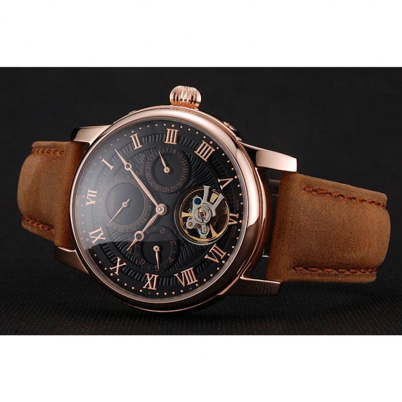 Best Patek Philippe Grand Complications Day Date Tourbillon Black Dial Rose Gold Case Brown Suede Leather Strap 1453814-4